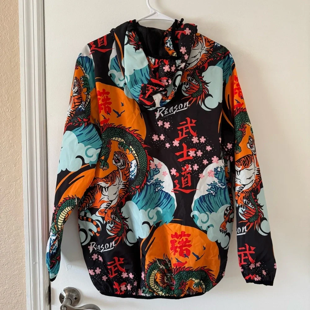 Reason Clothing Kanji Japan Print Dragon Half-Zip Anorak Hoodie Jacket Sz Medium